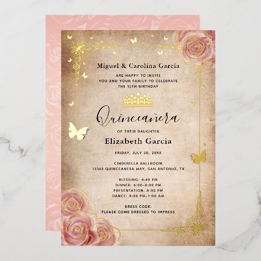 Blush Pink Waterverf Roos Gold Quinceañera Folie Uitnodiging (Voorkant / Achterkant)