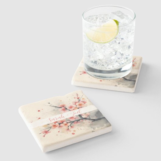 Blush Pink Waterverf Sakura Wedding Stone Onderzet Stenen Onderzetter (Zijkant)