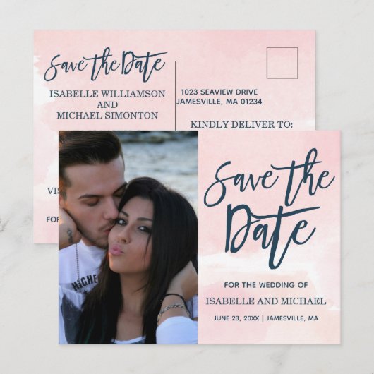 Blush Pink Waterverf Wash Save the Date Foto Aankondigingskaart (Voorkant / Achterkant)