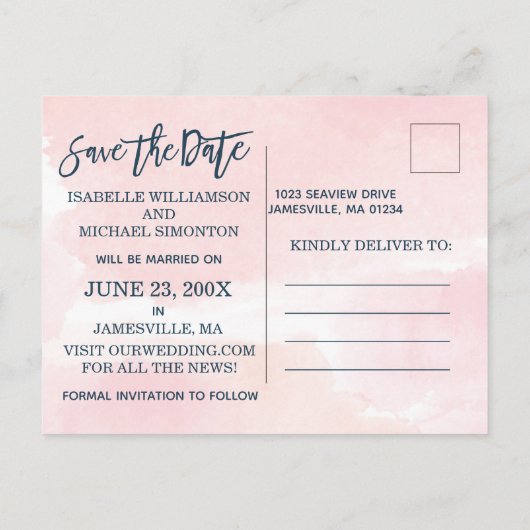 Blush Pink Waterverf Wash Save the Date Foto Aankondigingskaart (Achterkant)