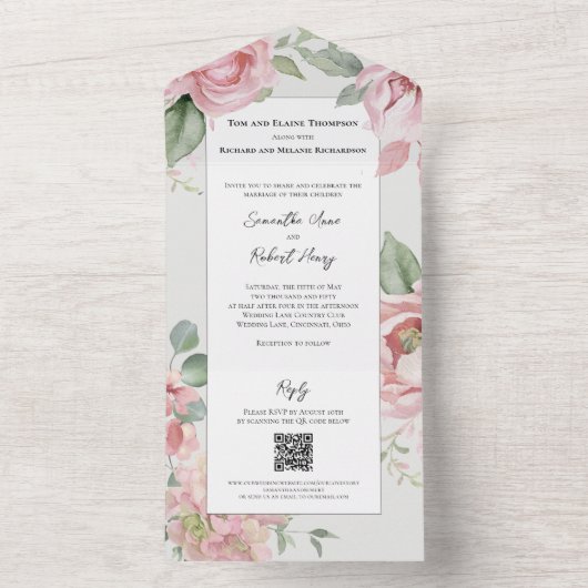 Blush Pink Waterverf Weddenschap All In One Uitnodiging (Binnen)