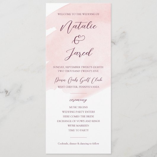 Blush Pink Waterverf Weddenschap Programmakaart (Voorkant)