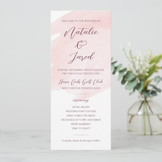Blush Pink Waterverf Weddenschap Programmakaart (Staand voorkant)