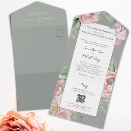 Blush Pink Waterverf Wedding Floral All In One Uitnodiging
