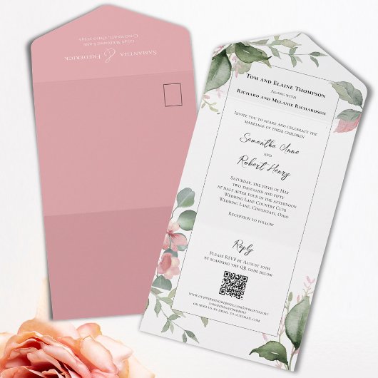 Blush Pink Waterverf Wedding Floral All In One Uitnodiging