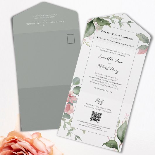 Blush Pink Waterverf Wedding Floral All In One Uitnodiging