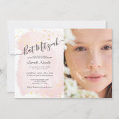 Blush Pink Waterverf x Gold Photo Bat Mitzvah Kaart (Voorkant)