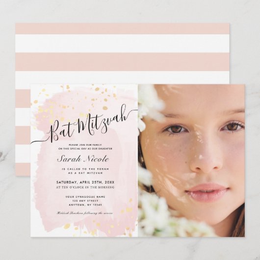Blush Pink Waterverf x Gold Photo Bat Mitzvah Kaart (Voorkant / Achterkant)