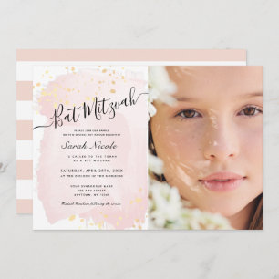 Blush Pink Waterverf x Gold Photo Bat Mitzvah Kaart