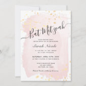 Blush Pink Waterverf x Gold Spletters Bat Mitzvah Kaart (Voorkant)