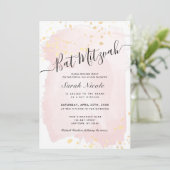 Blush Pink Waterverf x Gold Spletters Bat Mitzvah Kaart (Staand voorkant)