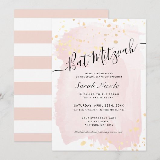 Blush Pink Waterverf x Gold Spletters Bat Mitzvah Kaart (Voorkant / Achterkant)