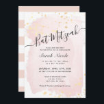 Blush Pink Waterverf x Gold Spletters Bat Mitzvah Kaart<br><div class="desc">Deze stijlvolle en elegante Bat Mitswa-uitnodiging heeft een aquarel gekleurde,  roze achtergrond met faux gold splatters en letters in het zwart. De achterkant heeft een witte achtergrond met roze strepen. Personaliseer het voor uw behoeften. U kunt bijpassende producten vinden in mijn winkel.</div>