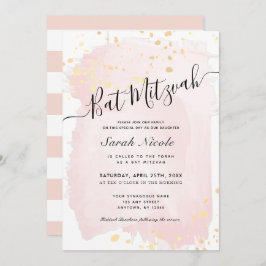 Blush Pink Waterverf x Gold Spletters Bat Mitzvah Kaart
