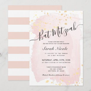 Blush Pink Waterverf x Gold Spletters Bat Mitzvah Kaart