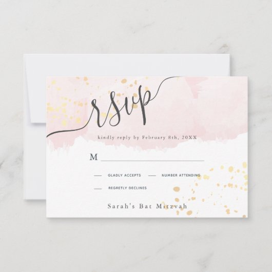 Blush Pink Waterverf x Gold Spletters Bat Mitzvah RSVP Kaartje (Voorkant)