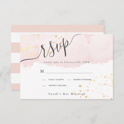 Blush Pink Waterverf x Gold Spletters Bat Mitzvah RSVP Kaartje (Voorkant / Achterkant)