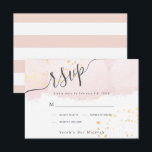 Blush Pink Waterverf x Gold Spletters Bat Mitzvah RSVP Kaartje<br><div class="desc">Deze stijlvolle en elegante Bat Mitzvah RSVP-kaart biedt een wazige roze achtergrond in waterverf met faux goudsplatters en zwarte letters. De achterzijde heeft een witte achtergrond met wazige roze strepen. Pas het aan uw behoeften aan. In mijn winkel kun je passende producten vinden.</div>