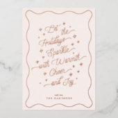 Blush Pink Wavy Border Sparkle Moderne Vakantie ka Folie Uitnodiging (Voorkant)