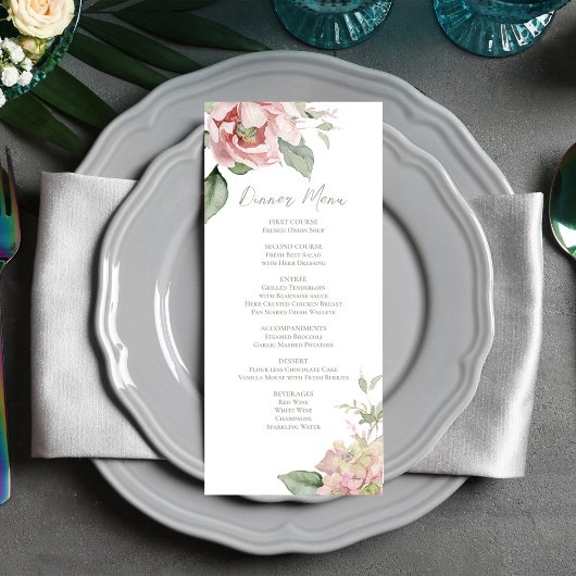 Blush Pink Wedding Bloemen Diner Menu