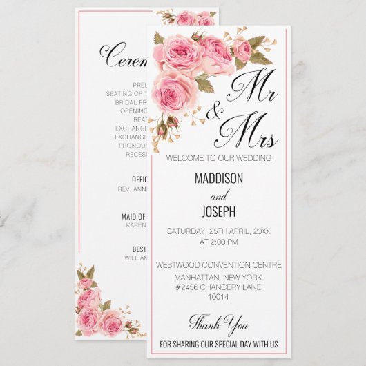Blush Pink Wedding Program Kaart (Voorkant / Achterkant)