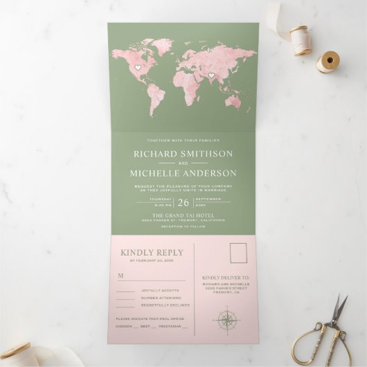 Blush Pink Wereldkaart Sage Green All in One Weddi Drieluik Uitnodiging (Binnen)
