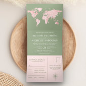 Blush Pink Wereldkaart Sage Green All in One Weddi Drieluik Uitnodiging