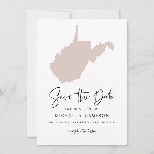 Blush Pink West Virginia Map Minimalist Script Save The Date (Voorkant)
