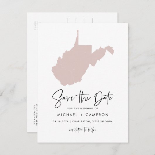 Blush Pink West Virginia Map Script Save the Date Aankondigingskaart (Voorkant / Achterkant)