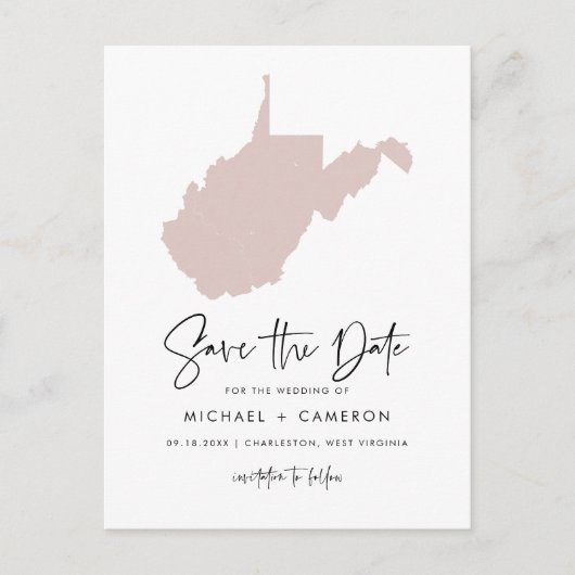 Blush Pink West Virginia Map Script Save the Date Aankondigingskaart (Voorkant)