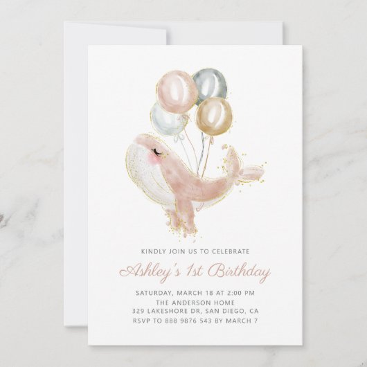 Blush Pink Whale Gold Glitter First Birthday Party Kaart (Voorkant)