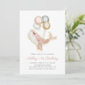 Blush Pink Whale Gold Glitter First Birthday Party Kaart (Staand voorkant)