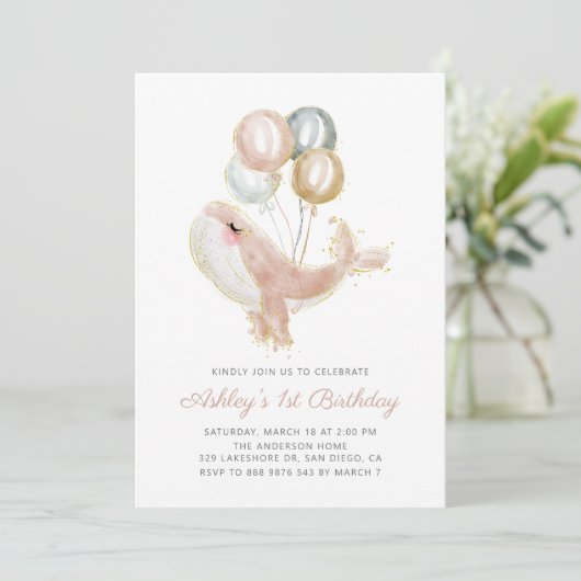 Blush Pink Whale Gold Glitter First Birthday Party Kaart (Staand voorkant)