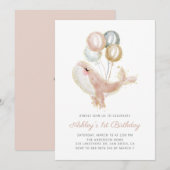 Blush Pink Whale Gold Glitter First Birthday Party Kaart (Voorkant / Achterkant)