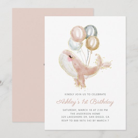 Blush Pink Whale Gold Glitter First Birthday Party Kaart (Voorkant / Achterkant)
