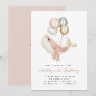 Blush Pink Whale Gold Glitter First Birthday Party Kaart