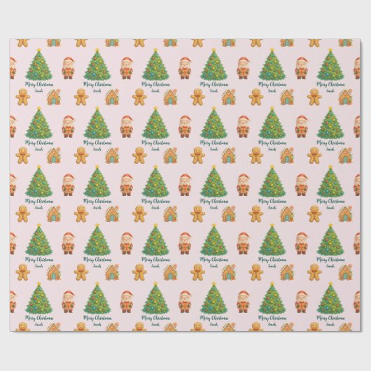 Blush Pink Whimsical Santa Gingerbread Christmas Cadeaupapier (Vlak)