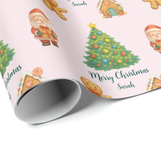 Blush Pink Whimsical Santa Gingerbread Christmas Cadeaupapier (Rol Hoek)