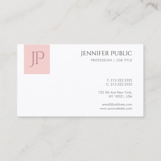 Blush Pink White Elegant Modern Monogram Eenvoudig Visitekaartje (Achterkant)