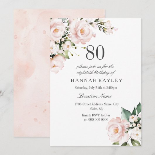 Blush Pink & White Floral 80th Birthday Party Kaart (Voorkant / Achterkant)