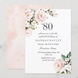 Blush Pink & White Floral 80th Birthday Party Kaart