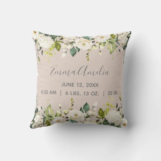 Blush Pink White Floral Baby Script Geboortestatis Kussen (Achterkant)