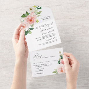 Blush Pink White Floral Budget Weddenschap All In One Uitnodiging