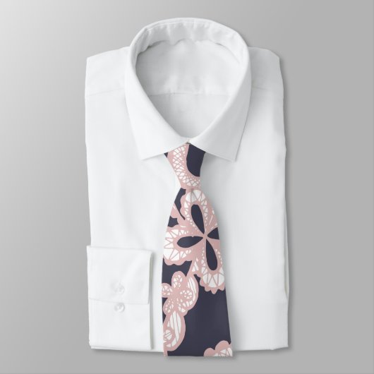 Blush Pink White Floral Lace op Navy Blue Stropdas (Gebonden)