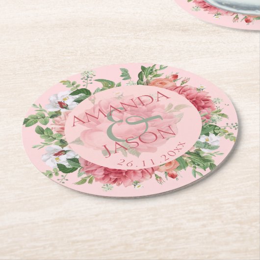 Blush Pink White  Floral schattige bruiloft Ronde Kartonnen Onderzetter (Gebogen)