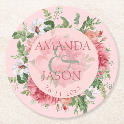 Blush Pink White Floral schattige bruiloft Ronde Kartonnen Onderzetter (Voorkant)