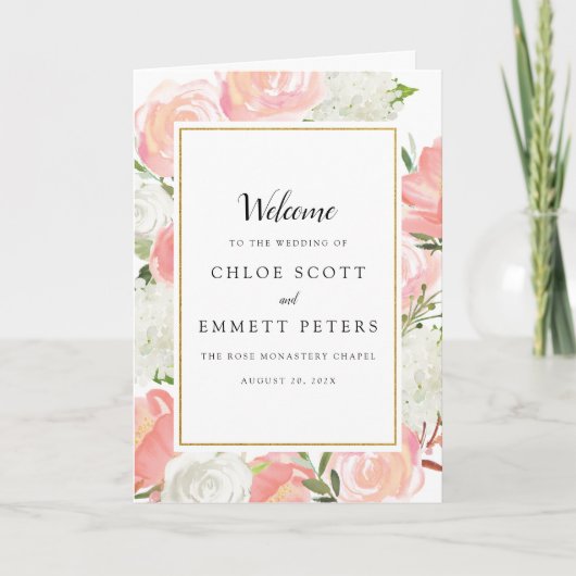 Blush Pink White Floral Wedding Booklet Programme Programma (Voorkant)