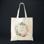 Blush Pink White Floral Wedding Tote Bag<br><div class="desc">De namen van het bruiloft zijn omringd door een mooie witte hydrangea bloemen en roze rozen. Er is een verscheidenheid aan bladeren en takken die het een zeer modern en chic vibe geven.</div>