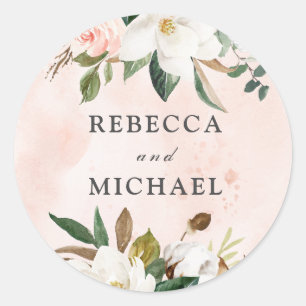 Blush Pink & White Flowers Waterverf Weddenschap Ronde Sticker