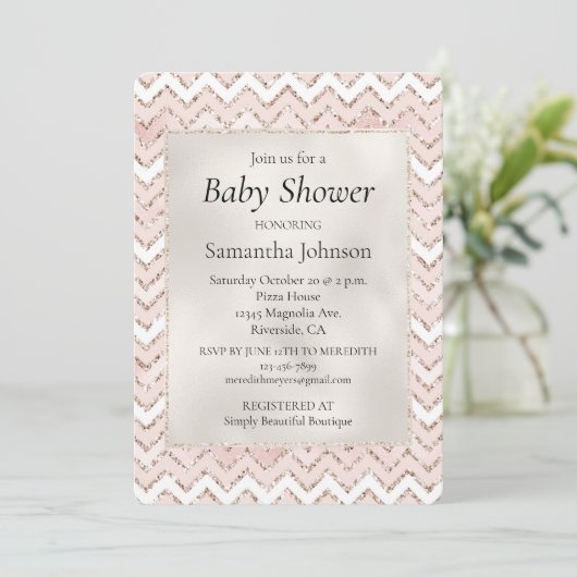 Blush Pink White Glam Glitter Zig Zag Baby shower Kaart (Staand voorkant)